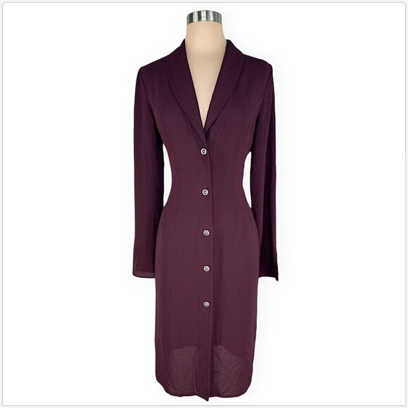 Mark Wong Nark Vintage Y2K Snap Front Fitted Coat Shirt Dress Oxblood Plum M - Picture 2 of 5